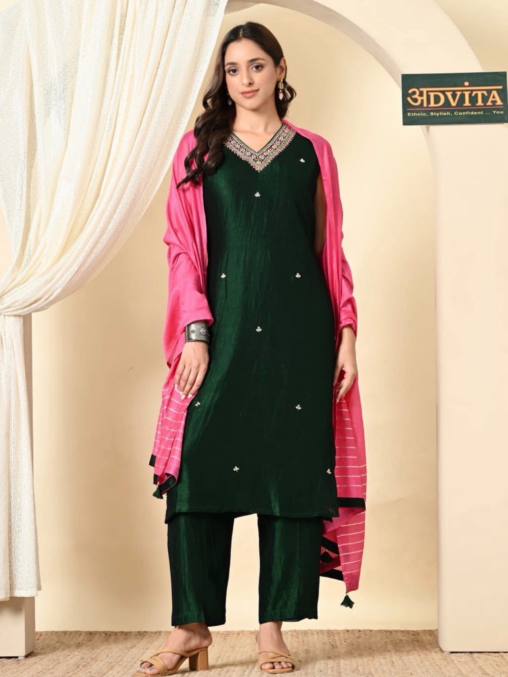 Green Embellished Kurta Set with Pink Dupatta